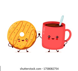 Cute happy donut and coffee mug character. Isolated on white background. Vector cartoon character hand drawn style illustration