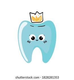 Cute happy doodle cartoon blue tooth with yellow crown in kawaii style isolated on white background.