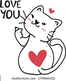 Cute happy doodle white fat cat give mini heart hand and winking eye with love you word idea for sublimation design  printable  greeting card
