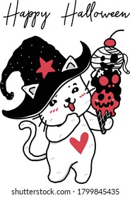 Cute happy doodle white fat cat in witch hat hold creepy ice cream Halloween idea for sublimation design  printable  greeting card, black white and red