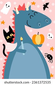 Cute happy dragon with candle with halloween items on background. Scandinavian flat style animal. Doodle  vector illustration.