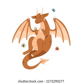 Cute happy dragon. Fairy baby character enjoying butterflies. Joyful magic fairytale animal. Sweet funny smiling dino rejoicing. Childish flat vector illustration isolated on white background