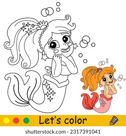 Cute and happy dreamy mermaid. Vector cartoon illustration. Kids coloring page with a color sample. For print, design, poster, sticker, card, decoration and t shirt design