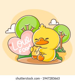 Cute Happy Duck Eating Bread Premium Postcard Doodle Vector Illustration