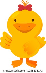 Cute happy duckling waving hello. Colourful vector illustration