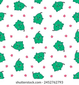 Cute happy durian character emoticon. Seamless pattern. Kawaii cartoon fruit. Hand drawn style. Vector drawing. Design ornaments.