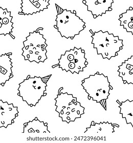 Cute happy durian character emoticon. Seamless pattern. Coloring Page. Kawaii cartoon fruit. Hand drawn style. Vector drawing. Design ornaments.