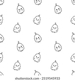 Cute happy durian character emoticon. Seamless pattern. Coloring Page. Kawaii cartoon fruit. Hand drawn style. Vector drawing. Design ornaments.