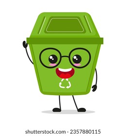 Cute happy dustbin, trash, bin wear eyeglass character. Smiling and greet dustbin cartoon emoticon in flat style. wastebin emoji vector illustration