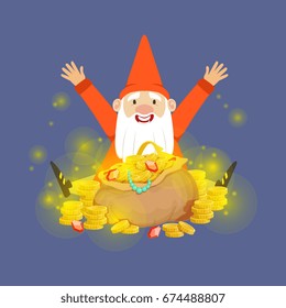 Cute happy dwarf sitting on a gold treasures vector Illustration