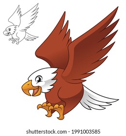 Cute Happy Eagle Falcon Hawk Flying Ready Pounce Prey with Line Art Drawing, Animal Birds, Vector Character Illustration, Cartoon Mascot Logo in Isolated White Background.