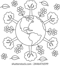 Cute Happy Earth Day coloring page, Earth Day Trees Crowning vector printable worksheets for preschool. 