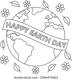 Cute Happy Earth Day coloring page, vector printable worksheets for preschool. 