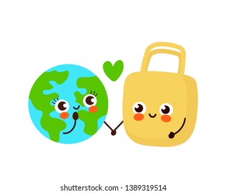 Cute Happy Earth Planet And Eco Bag Character Couple In Love.Vector Hand Drawing Flat Style Illustration Icon Design. Isolated On White Background. Eco Friendly,save Ecology,Earth Day Concept 