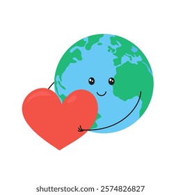 Cute happy Earth planet holding heart. Vector flat illustration. World Kindness Day, Random acts of kindness, Earth Day celebrations.