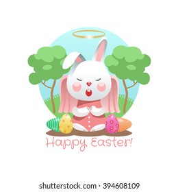 Cute Happy Easter angel  Bunny with colored Easter eggs vector illustration.