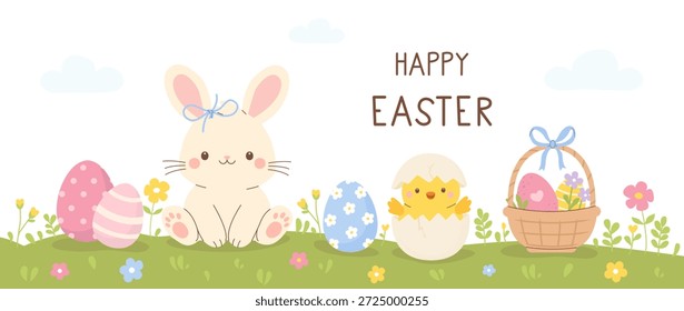 Anuncio de Pascua feliz lindo con el conejo, pollito que eclosiona, cesta con los huevos, flores en prado de la primavera. Ilustración vectorial plana.
