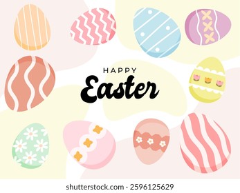 Cute Happy Easter Banner With Colorfull Easter Eggs. Easter modern greeting card template pastel colour