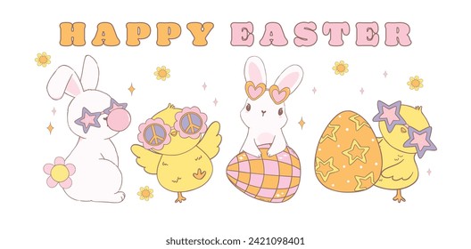Cute Happy Easter banner with Groovy Easter Chicks and Retro bunny. Playful cartoon doodle animal character hand drawing.
