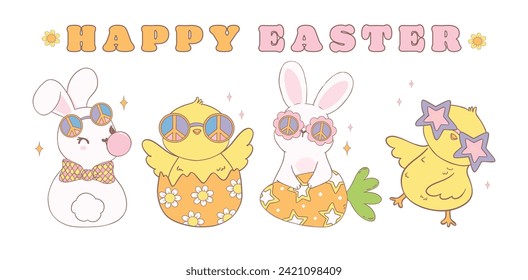 Cute Happy Easter banner with Groovy Chicks and Retro bunny. Playful cartoon doodle animal character hand drawing.