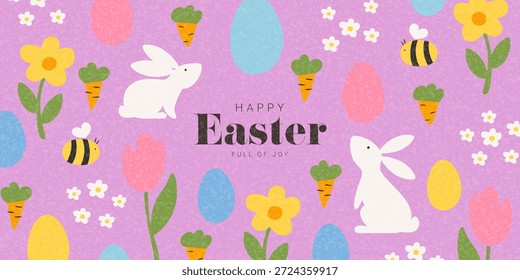 Lindo Anuncio de Pascua Feliz. Fondo de Vector de Pascua de moda con conejos, huevos, flores de primavera, abeja linda. Tarjeta de Festiva para el diseño de fiesta, celebración, anuncios, marca, cubierta, tarjeta, venta, evento.