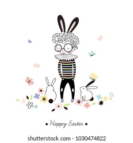 cute happy Easter boy and bunny, holidays design