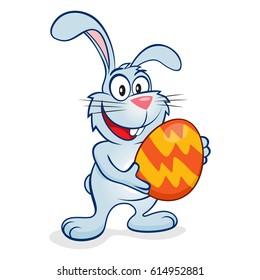 Cute and happy easter bunny with big egg in a hands. Blue rabbit vector illustration