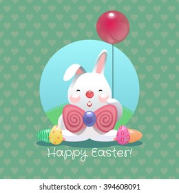 Cute Happy Easter Bunny with colored Easter eggs vector illustration.