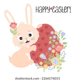 Cute happy easter bunny with easter egg and flowers. Vector illustration