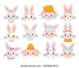 Cute happy Easter bunny faces, pretty male and female childish rabbits mascot set vector illustration. Pet animal with ornaments and different decorative accessories for holiday prints design element