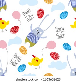 Un lindo conejito de Pascua vuela en globo. Pollos, huevos pintados, inscripción Feliz Pascua. Diseño infantil hecho a mano y sin costura. Estilo escandinavo. Papel tapiz, envoltura, papel envolvente, textiles.