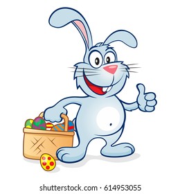 Cute and happy easter bunny giving thumbs up with a basket full of eggs. Blue rabbit vector illustration