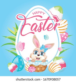 Cute happy Easter bunny kawaii character social media post mockup. Spring holiday lettering with rabbit in basket. Positive poster, card template with hare. Content, print, kids book illustration