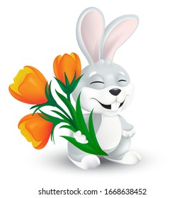 Agradable conejito de Pascua con flores de tulipán anaranjadas ramo aislado en fondo blanco. Dibujo vectorial de conejo gris sonriente y escupido en personaje de mascota de dibujos animados graciosos de estilo 3d