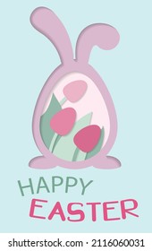 Cute und glücklicher Osterhase. Kaninchen für Grußkarten, Banner oder Kleidung. Osterei, Tulpen