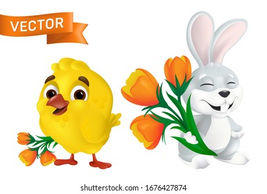 Agradable conejita de Pascua y dulce pollito con flores de tulipán anaranjado ramo aislado en fondo blanco. Dibujo de caricatura divertida de un personaje de mascota de un conejo gris y un pájaro amarillo sonrientes