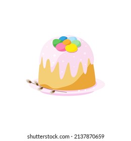 Cute pastel feliz de Pascua en placa rosa con ramas de sauce.Ilustración vectorial aislada en fondo blanco.Para tarjetas de Pascua, pegatinas, huellas, otros.