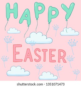 Cute happy easter card with balloons and cloud.