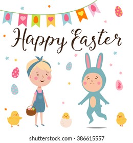 Cute Happy Easter card with bunny, girl and little boy in rabbit costume. Cute, trendy design elements for different decor. Lettering sing - Happy Easter.