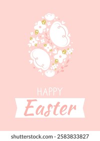 Cute Happy Easter card with flowers inside egg shape. Folk style Easter egg with spring flowers. Hand drawn vector illustration. Perfect for greeting card, vertical banner, flyer, invitation and so on