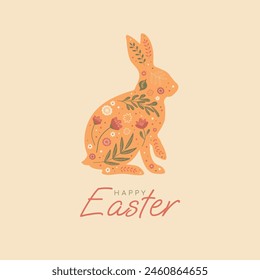 Linda tarjeta de Pascua Feliz. Conejo pintado en flores y hojas de primavera. Elementos botánicos de primavera. Plantilla cuadrada para los medios sociales. Vector