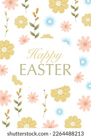 Cute Happy Easter card templates with spring flowers, green flowering leaves and typographic design. Good for Spring and Easter greeting cards and invitations. Vector illustration.