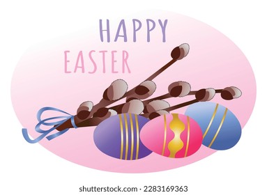 Cute happy easter card with willow branch and easter eggs