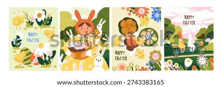 Cute Happy Easter cards designs set. Greeting postcards with fairytale characters, painted eggs, rabbits, bunnies and festive cakes. Spring holidays congratulations. Colored flat vector illustrations