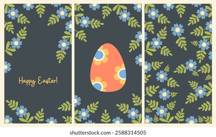 Cute Happy Easter Cards with Floral Frame. Festive vertical Greeting Template with paschal egg and blue flowers on black background. Vector Flat illustration