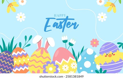 Cute Happy Easter Celebration Background with Various Colorful Painted Easter Eggs, Bunny, and Chick. Design for Season Greetings, Wallpaper, Posters, Banners, Cards, Invitations, and Many More.