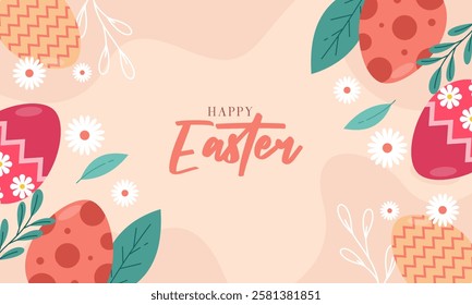 Cute Happy Easter Celebration Background with Various Colorful Painted Easter Eggs, Bunny, and Chick. Design for Season Greetings, Wallpaper, Posters, Banners, Cards, Invitations, and Many More.