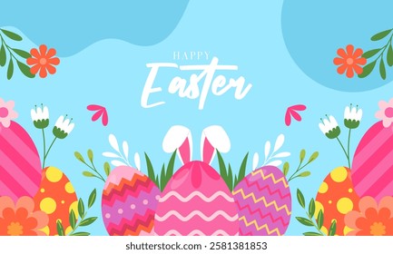 Cute Happy Easter Celebration Background with Various Colorful Painted Easter Eggs, Bunny, and Chick. Design for Season Greetings, Wallpaper, Posters, Banners, Cards, Invitations, and Many More.