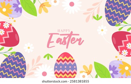 Cute Happy Easter Celebration Background with Various Colorful Painted Easter Eggs, Bunny, and Chick. Design for Season Greetings, Wallpaper, Posters, Banners, Cards, Invitations, and Many More.