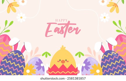 Cute Happy Easter Celebration Background with Various Colorful Painted Easter Eggs, Bunny, and Chick. Design for Season Greetings, Wallpaper, Posters, Banners, Cards, Invitations, and Many More.